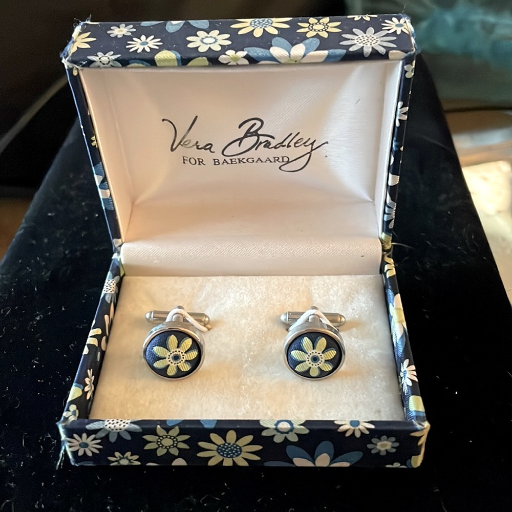 Vera Bradley silver tone cuff links, yellow & blue floral motif on fabric. NIB